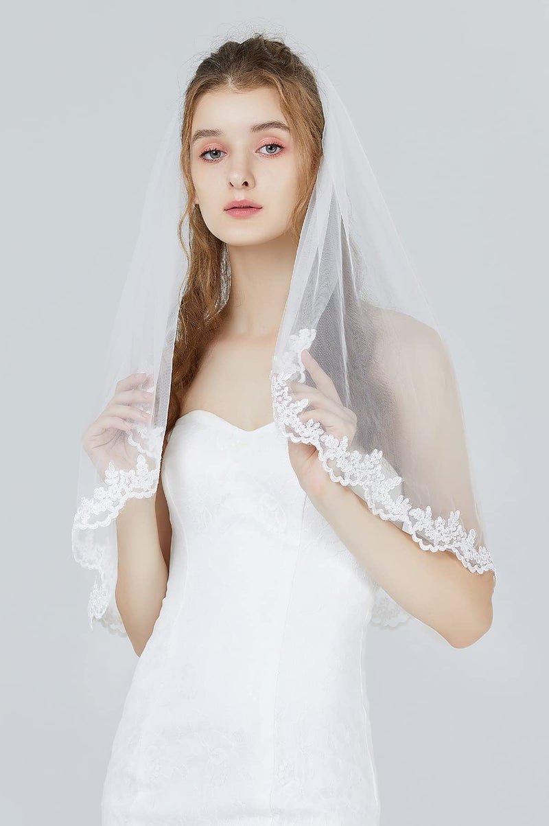 BEAUTELICATE Wedding Bridal Veil with Comb 1 Tier Lace Applique Edge Elbow Length - Image 2